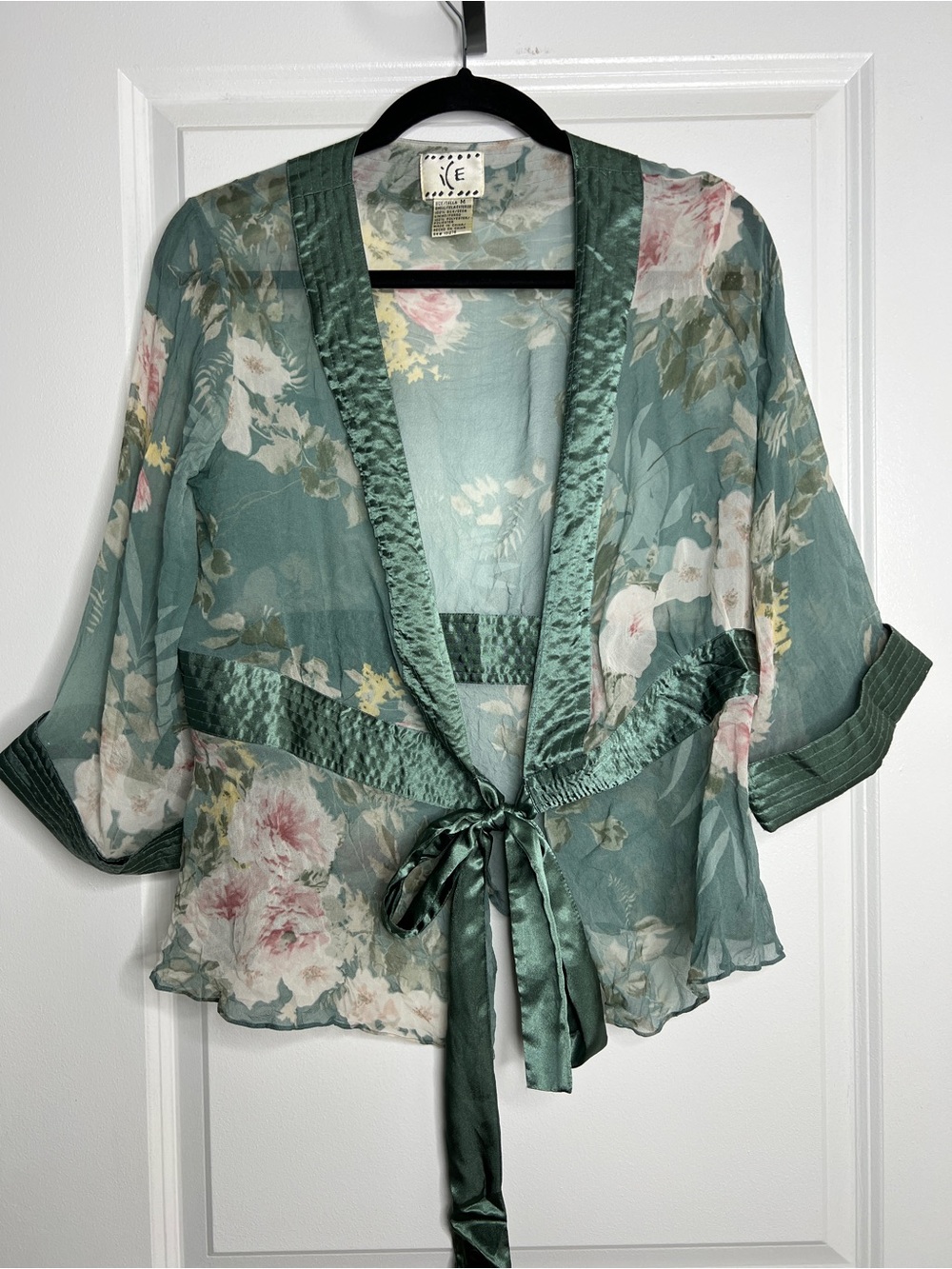 Ice 100% Silk Sage Green Floral Tie Front Short Kimono Loungewear Robe Sz Medium